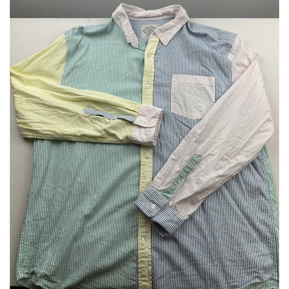St Johns Bay Comfort Stretch Mens XXL Shirt Blue Green Yellow Pink Stripe Button